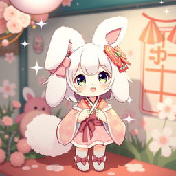 A charming and cute Japanese bunny cosplaying in an adorable outfit, featuring large, fluffy ears, a fluffy tail, and colorful accessories