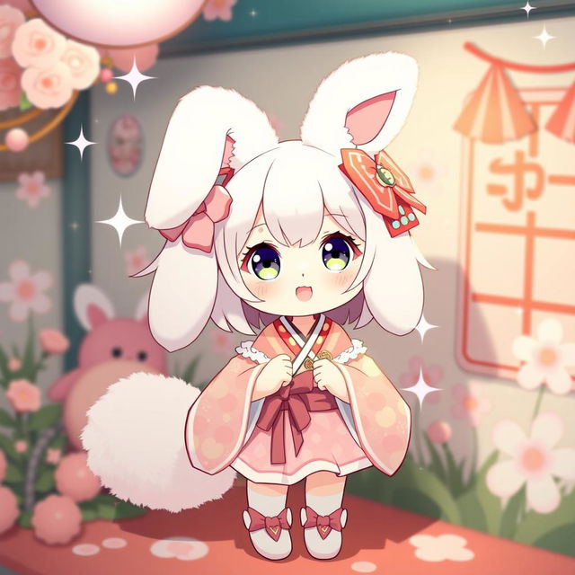 A charming and cute Japanese bunny cosplaying in an adorable outfit, featuring large, fluffy ears, a fluffy tail, and colorful accessories