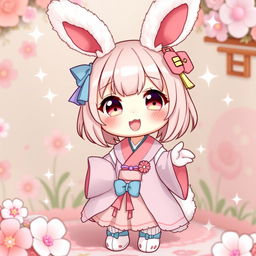 A charming and cute Japanese bunny cosplaying in an adorable outfit, featuring large, fluffy ears, a fluffy tail, and colorful accessories