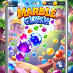 A vibrant and engaging mobile game interface showcasing 'Marble Clash', featuring colorful marbles in various sizes and patterns, players competing in a dynamic arena filled with obstacles and power-ups