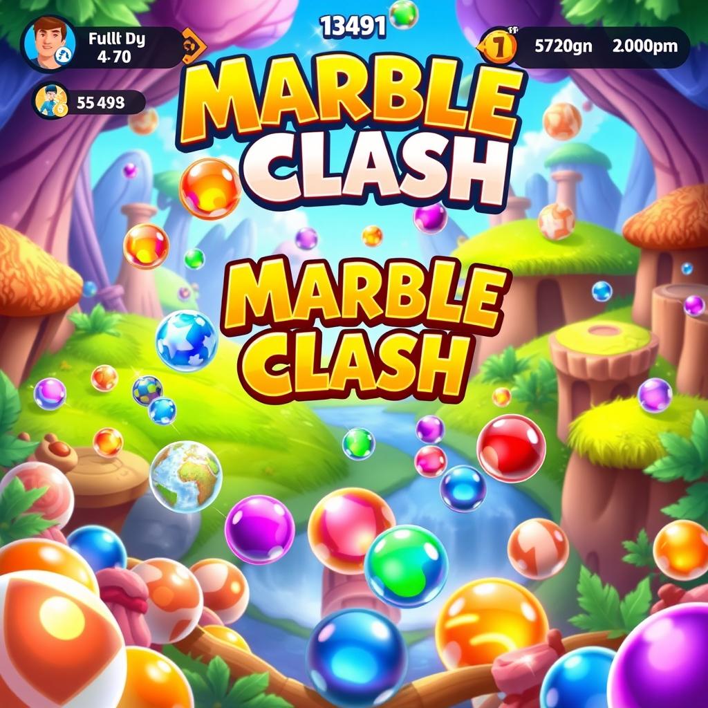 A vibrant and engaging mobile game interface showcasing 'Marble Clash', featuring colorful marbles in various sizes and patterns, players competing in a dynamic arena filled with obstacles and power-ups