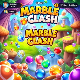 A vibrant and engaging mobile game interface showcasing 'Marble Clash', featuring colorful marbles in various sizes and patterns, players competing in a dynamic arena filled with obstacles and power-ups