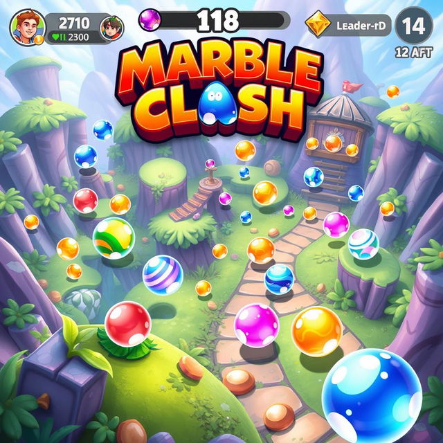 A vibrant and engaging mobile game interface showcasing 'Marble Clash', featuring colorful marbles in various sizes and patterns, players competing in a dynamic arena filled with obstacles and power-ups