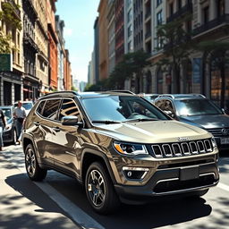 A realistic depiction of a Jeep Compass parked on a busy city street, surrounded by bustling urban life