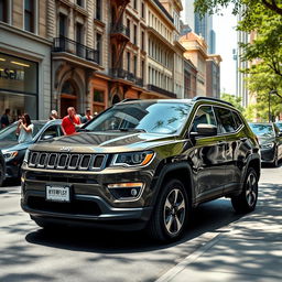 A realistic depiction of a Jeep Compass parked on a busy city street, surrounded by bustling urban life