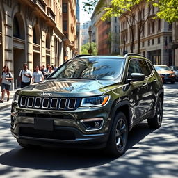 A realistic depiction of a Jeep Compass parked on a busy city street, surrounded by bustling urban life