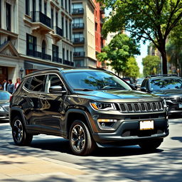 A realistic depiction of a Jeep Compass parked on a busy city street, surrounded by bustling urban life