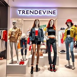 A vibrant and stylish fashion showcase for a brand called TRENDEVINE, emphasizing modern, fashionable clothing