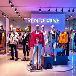 A vibrant and stylish fashion showcase for a brand called TRENDEVINE, emphasizing modern, fashionable clothing