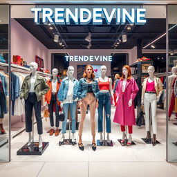 A vibrant and stylish fashion showcase for a brand called TRENDEVINE, emphasizing modern, fashionable clothing