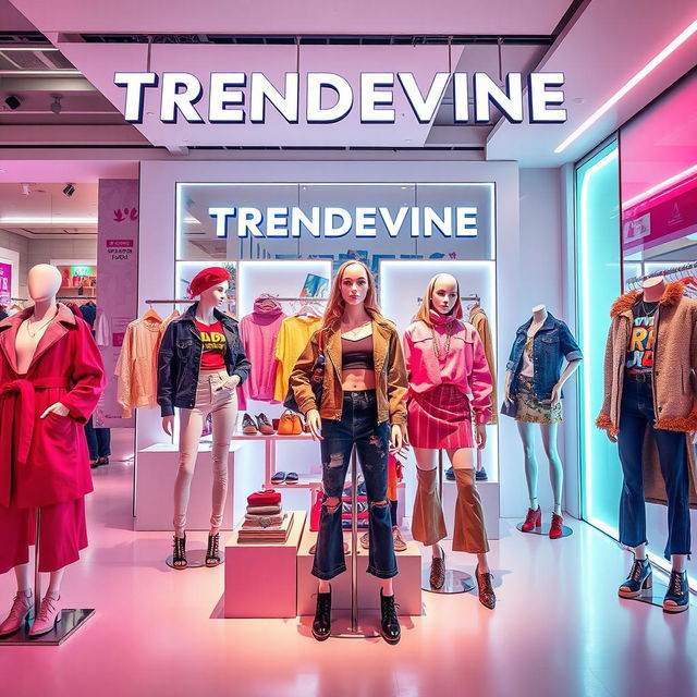 A vibrant and stylish fashion showcase for a brand called TRENDEVINE, emphasizing modern, fashionable clothing