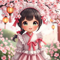 A charming and cute Japanese character in an adorable cosplay outfit, featuring a playful mix of colorful and traditional elements
