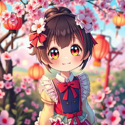 A charming and cute Japanese character in an adorable cosplay outfit, featuring a playful mix of colorful and traditional elements