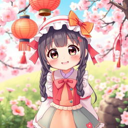 A charming and cute Japanese character in an adorable cosplay outfit, featuring a playful mix of colorful and traditional elements