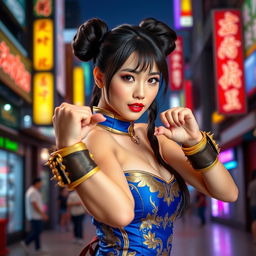 A beautiful Japanese woman cosplaying as Chun-Li, featuring her iconic blue qipao dress with gold accents, complete with the traditional spiked bracelets and hair buns