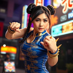 A beautiful Japanese woman cosplaying as Chun-Li, featuring her iconic blue qipao dress with gold accents, complete with the traditional spiked bracelets and hair buns