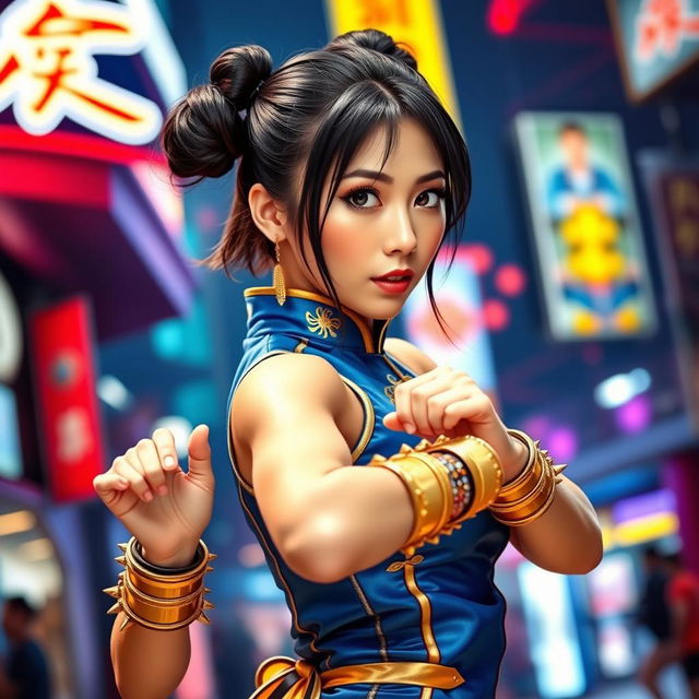 A beautiful Japanese woman cosplaying as Chun-Li, featuring her iconic blue qipao dress with gold accents, complete with the traditional spiked bracelets and hair buns