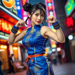 A beautiful Japanese woman cosplaying as Chun-Li, featuring her iconic blue qipao dress with gold accents, complete with the traditional spiked bracelets and hair buns