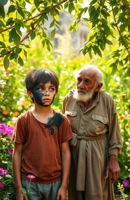 A thirteen-year-old boy with half of his face burned and covered in black, looking contemplatively at the garden around him