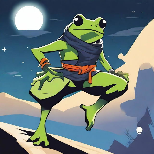 An image of a 2D cartoon-style frog in ninja attire