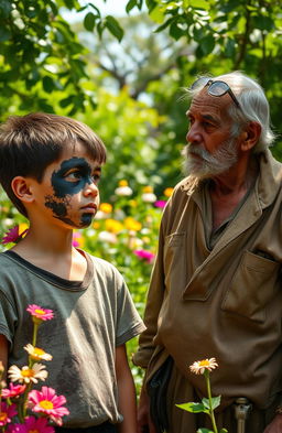 A thirteen-year-old boy with half of his face burned and covered in black, looking contemplatively at the garden around him