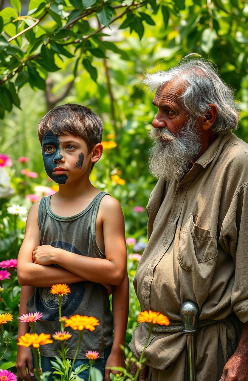 A thirteen-year-old boy with half of his face burned and covered in black, looking contemplatively at the garden around him