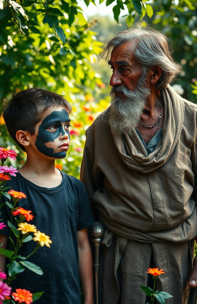 A thirteen-year-old boy with half of his face burned and covered in black, looking contemplatively at the garden around him