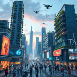 A futuristic cityscape in the year 2100, showcasing advanced AI integration in everyday life