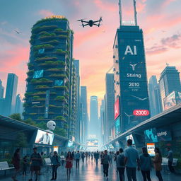 A futuristic cityscape in the year 2100, showcasing advanced AI integration in everyday life