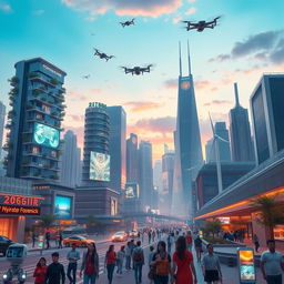 A futuristic cityscape in the year 2100, showcasing advanced AI integration in everyday life