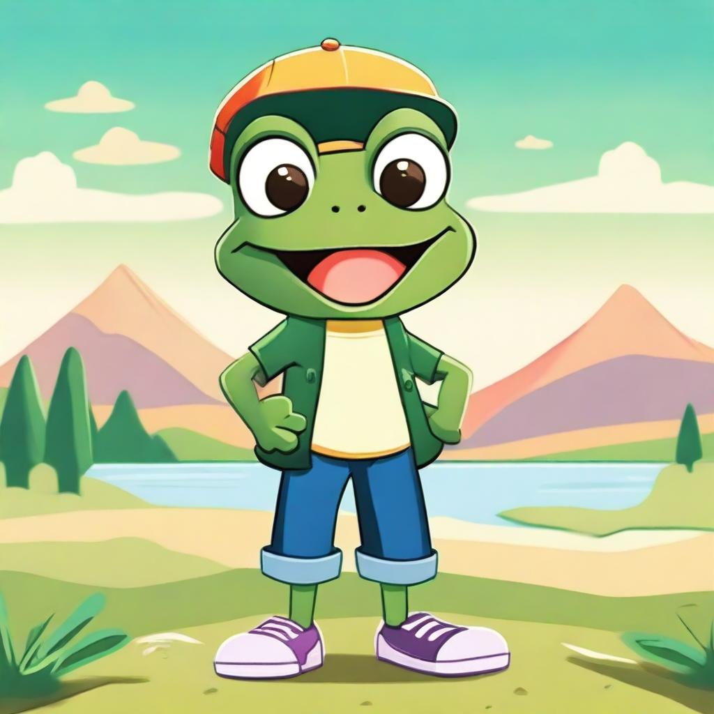 A high-quality 2D cartoon image featuring a frog dressed in casual attire