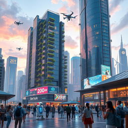 A futuristic cityscape in the year 2100, showcasing advanced AI integration in everyday life