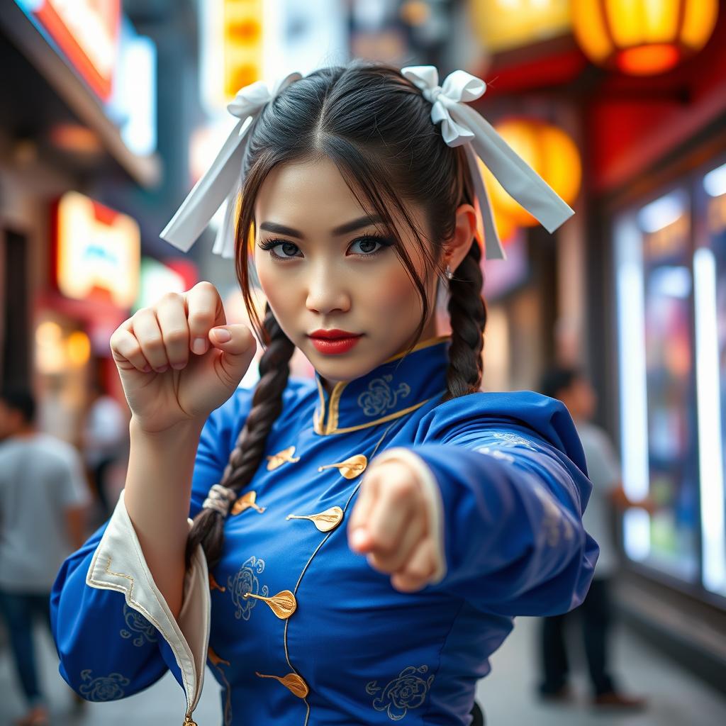 A beautiful Japanese woman cosplaying as Chun-Li, showcasing her iconic blue qipao dress adorned with elegant gold accents