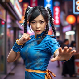 A beautiful Japanese woman cosplaying as Chun-Li, showcasing her iconic blue qipao dress adorned with elegant gold accents