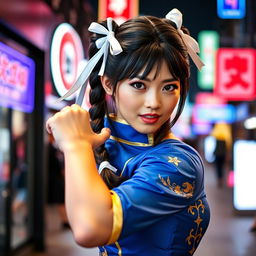 A beautiful Japanese woman cosplaying as Chun-Li, showcasing her iconic blue qipao dress adorned with elegant gold accents