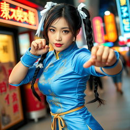 A beautiful Japanese woman cosplaying as Chun-Li, showcasing her iconic blue qipao dress adorned with elegant gold accents