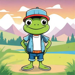 A high-quality 2D cartoon image featuring a frog dressed in casual attire