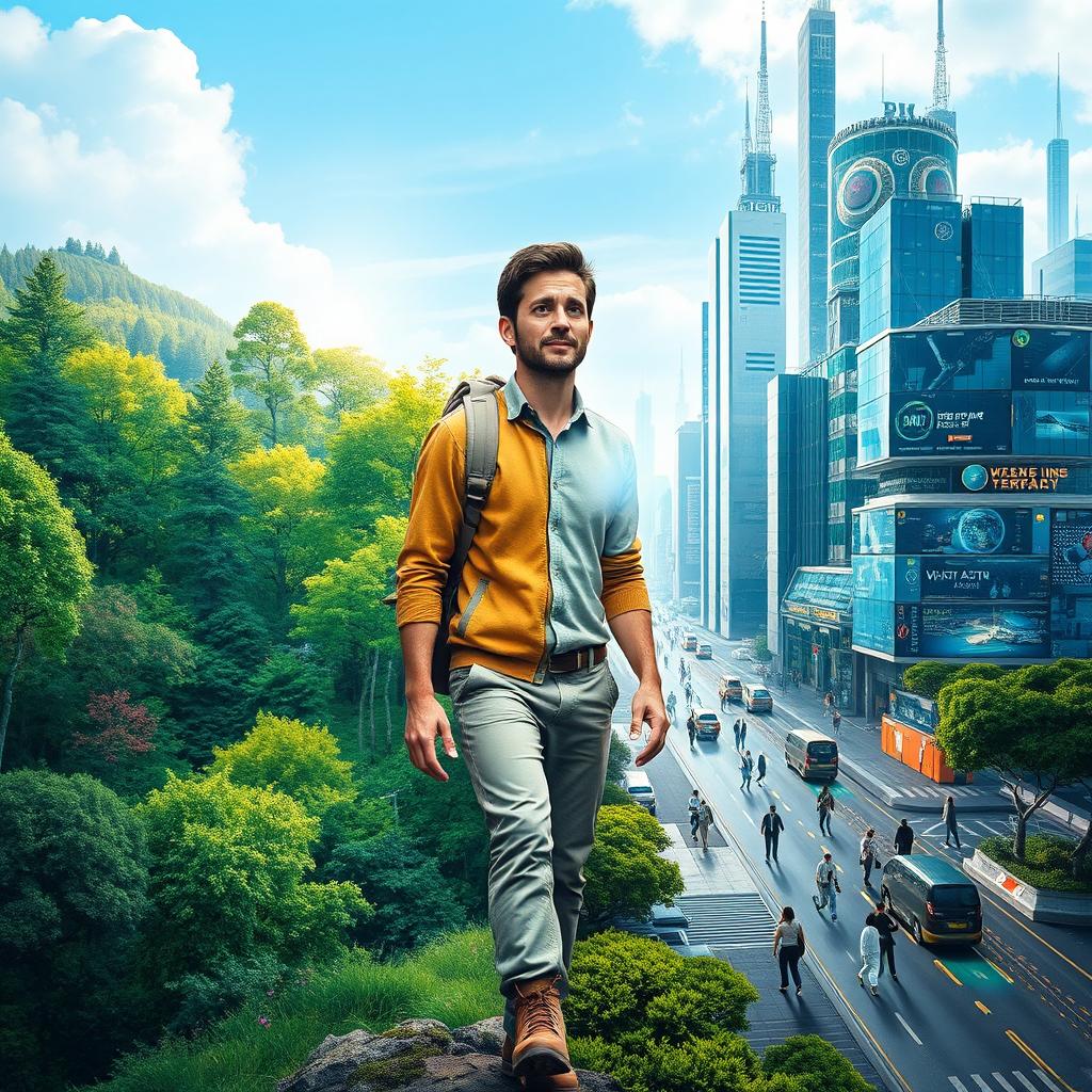 A visually striking poster depicting a man's journey from a lush green forest to a bustling world of scientific innovation