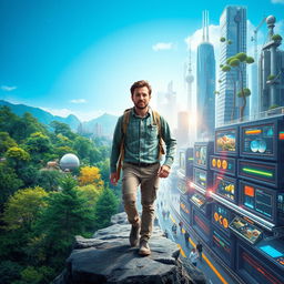 A visually striking poster depicting a man's journey from a lush green forest to a bustling world of scientific innovation