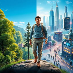 A visually striking poster depicting a man's journey from a lush green forest to a bustling world of scientific innovation