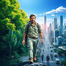 A visually striking poster depicting a man's journey from a lush green forest to a bustling world of scientific innovation