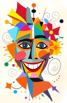 An abstract representation of a human face comprised of various geometric shapes and vibrant colors