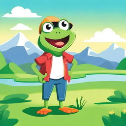 A high-quality 2D cartoon image featuring a frog dressed in casual attire