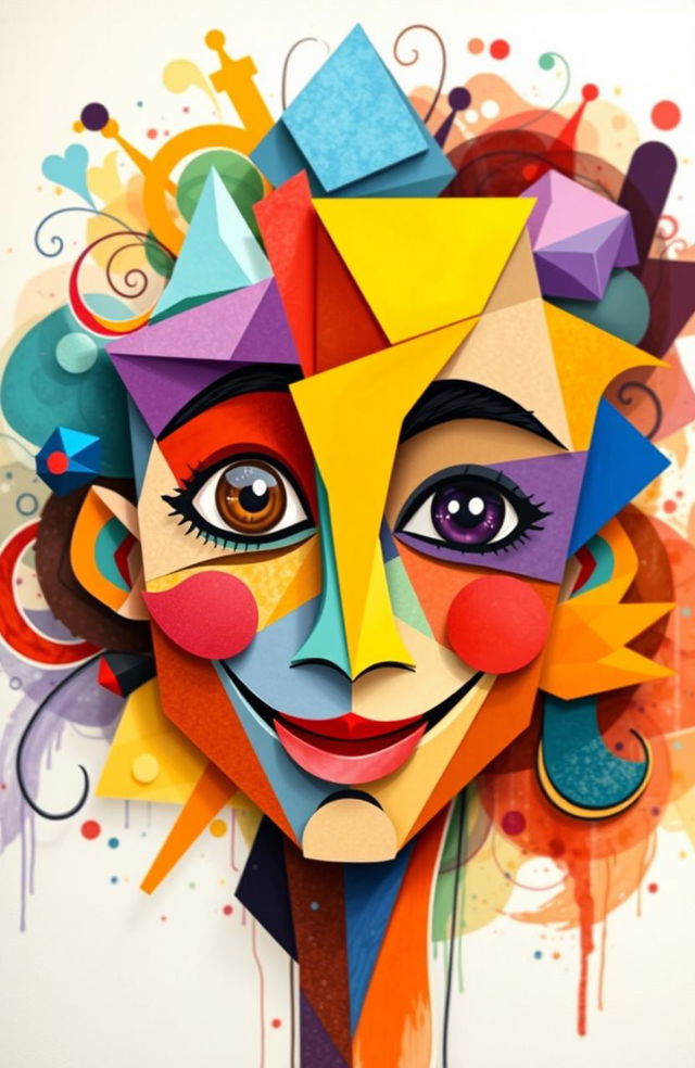 An abstract representation of a human face comprised of various geometric shapes and vibrant colors