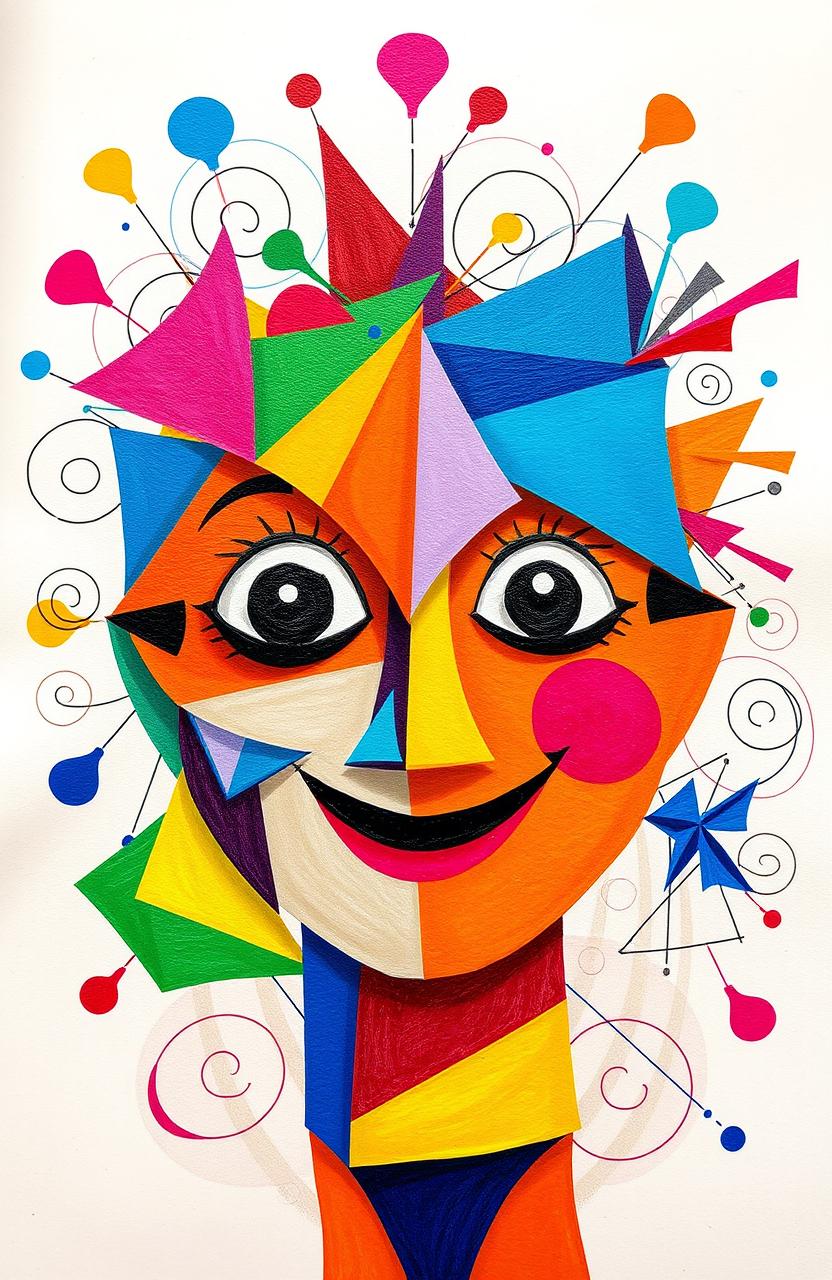 An abstract representation of a human face comprised of various geometric shapes and vibrant colors