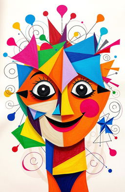 An abstract representation of a human face comprised of various geometric shapes and vibrant colors