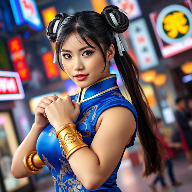 An oriental beautiful woman cosplaying as Chun-Li, wearing her iconic blue qipao dress with striking gold accents and traditional spiked bracelets