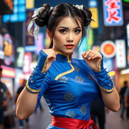 An oriental beautiful woman cosplaying as Chun-Li, wearing her iconic blue qipao dress with striking gold accents and traditional spiked bracelets