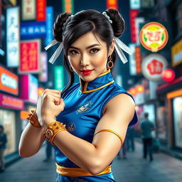 An oriental beautiful woman cosplaying as Chun-Li, wearing her iconic blue qipao dress with striking gold accents and traditional spiked bracelets
