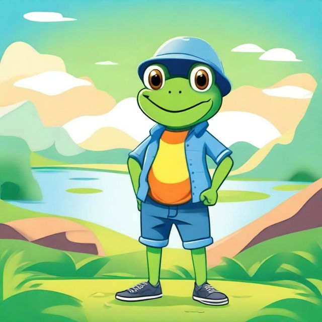 A high-quality 2D cartoon image featuring a frog dressed in casual attire